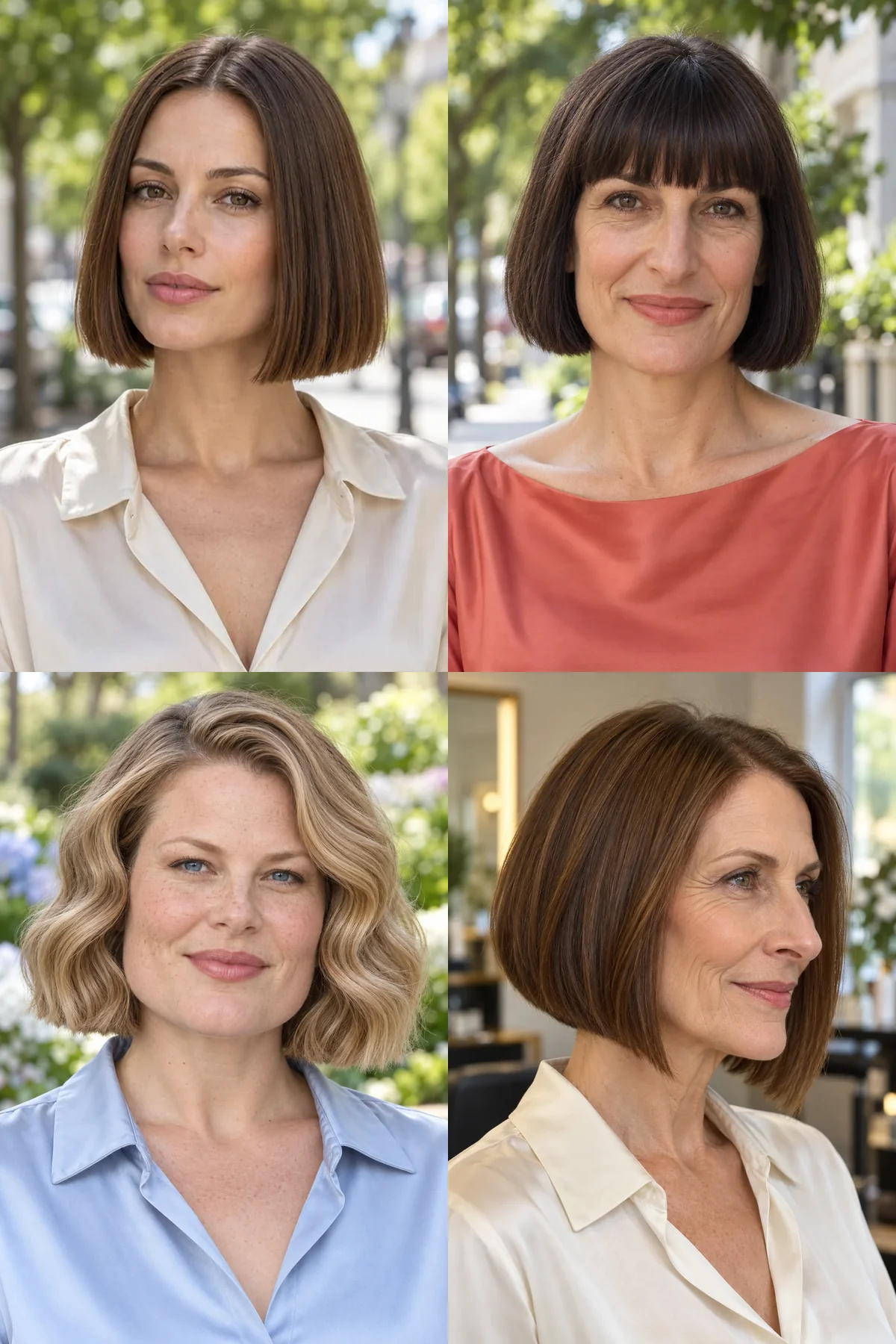 Four blunt bobs showing a straight jaw-length edge, a full fringe, broad waves and a subtle A-line perimeter