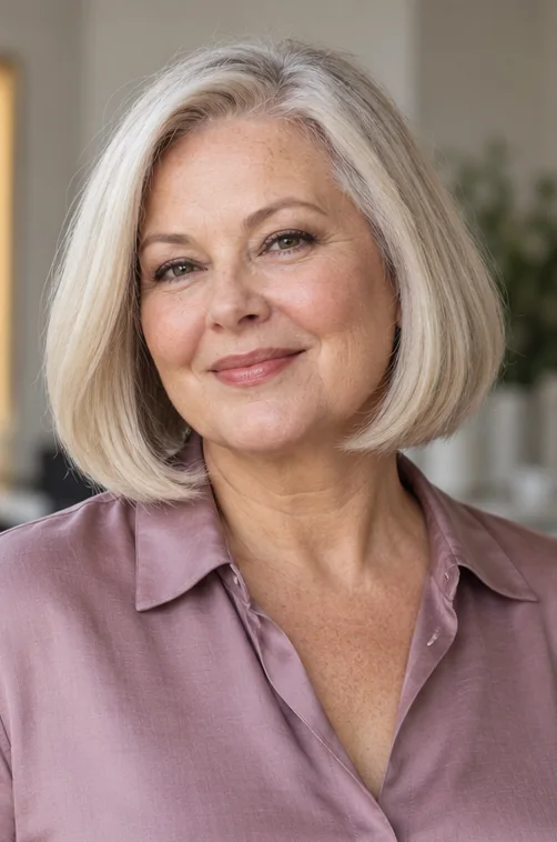 Silver blonde neck-length blunt bob with substantial ends styled into a gentle inward bevel