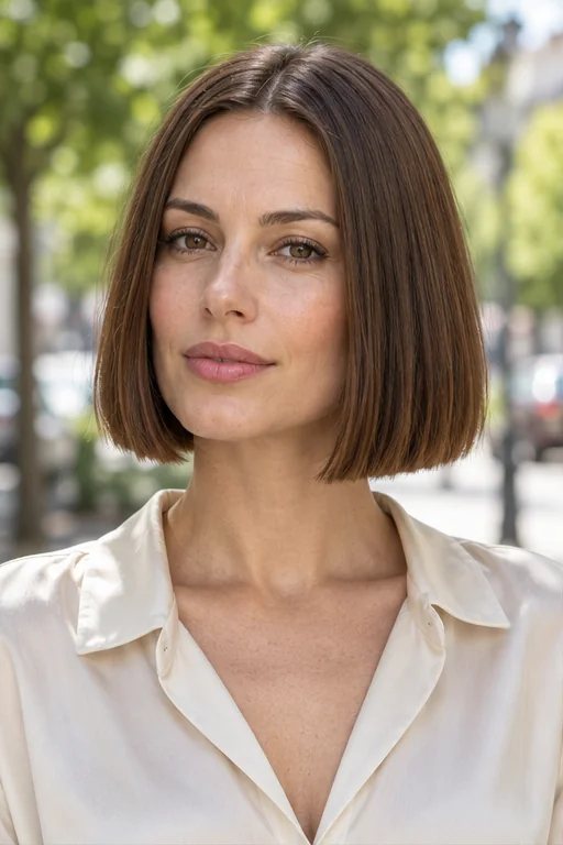 Chestnut straight blunt bob ending at the jaw with a clean center part and no fringe
