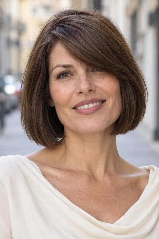 Medium brown jaw-to-neck blunt bob with a distinct long side fringe sweeping across one brow