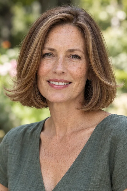 Honey brown longer blunt bob just above the shoulders with ends styled into a clear outward flick