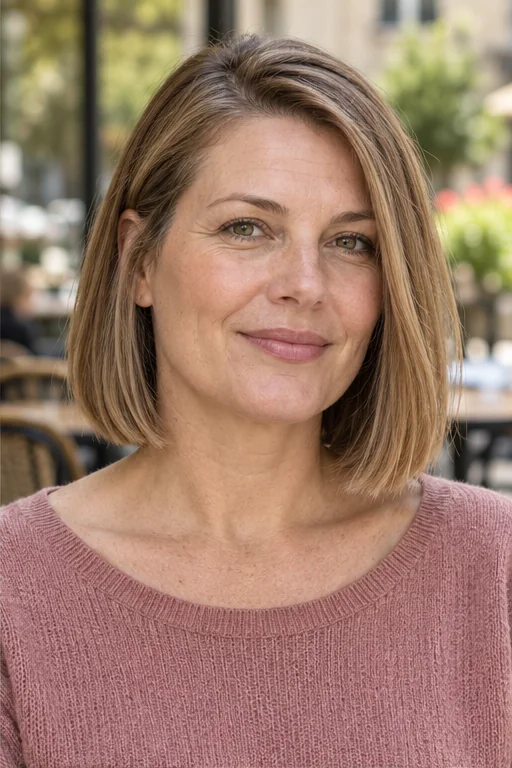 Dark blonde neck-length blunt bob with a soft side part and straight substantial ends