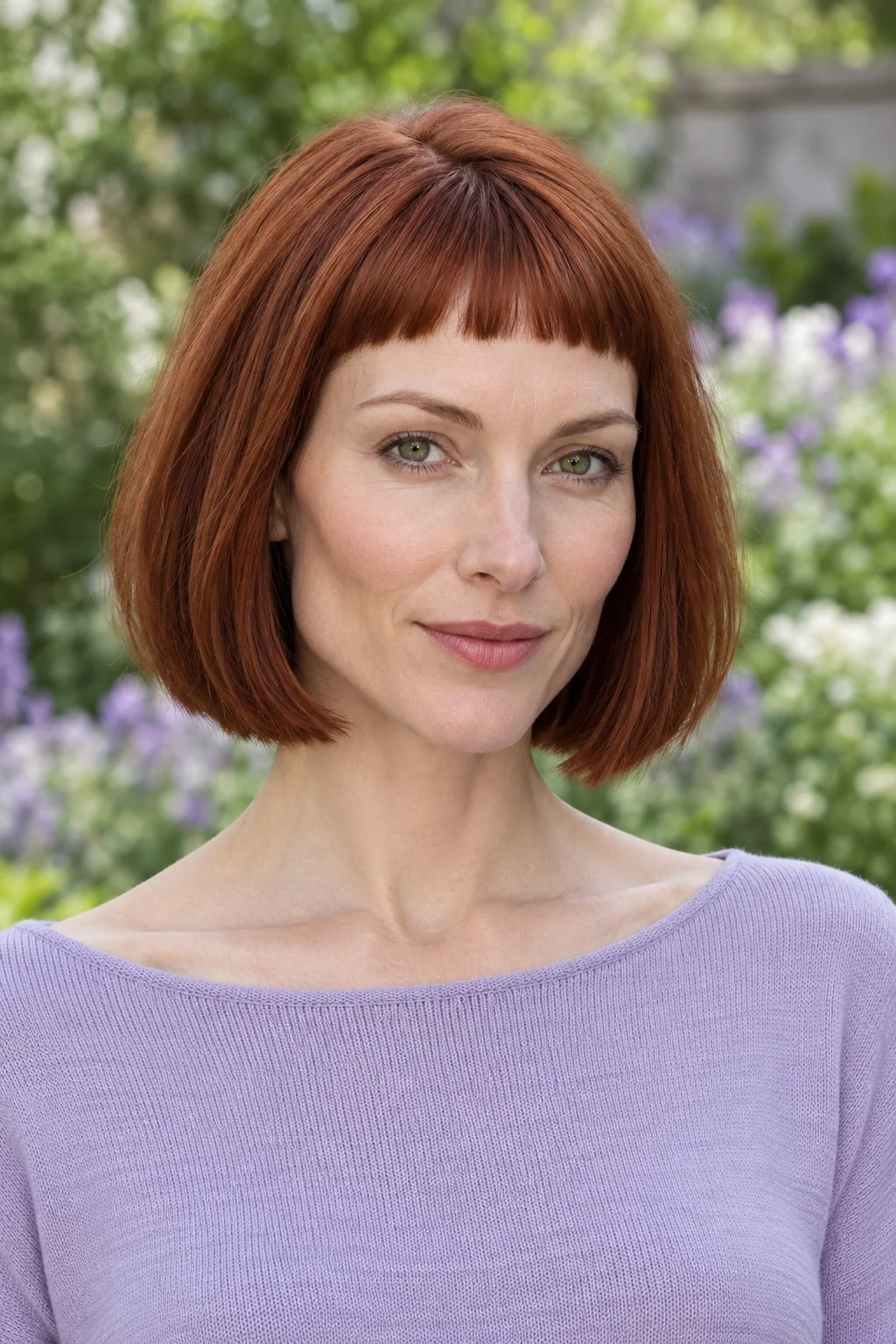 Auburn neck-length blunt bob with a short straight fringe visibly above the eyebrows