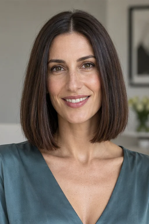 Straight deep brown shoulder-skimming blunt bob with an open center-parted front