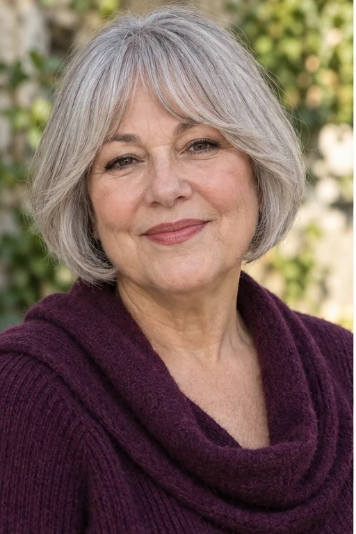 Silver rounded chin bob with short bottleneck center and longer cheekbone corners