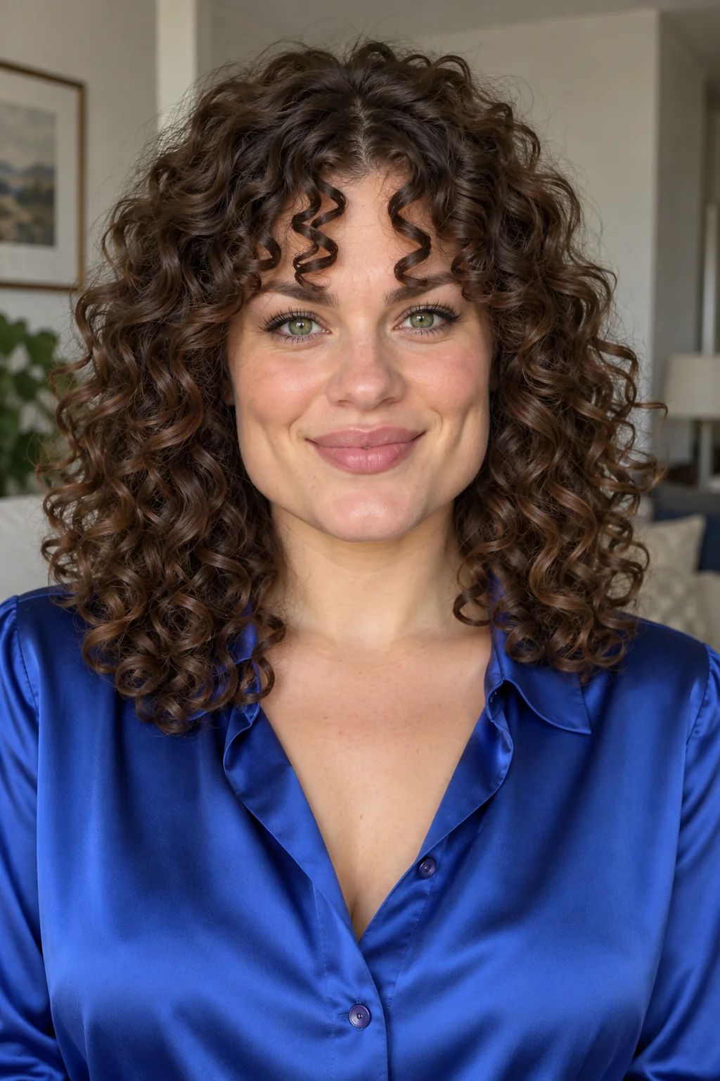 Dark curly hair with short central curl groups widening into longer connected cheek curls
