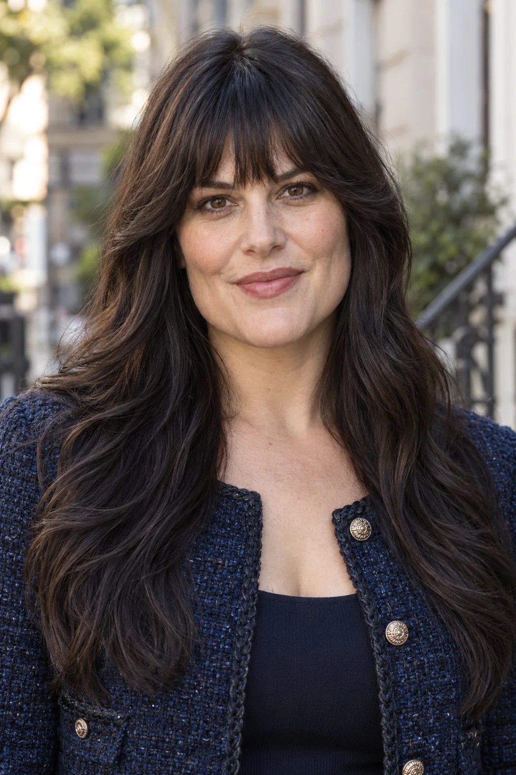 Thick dark hair with full short middle and connected curved longer temple fringe