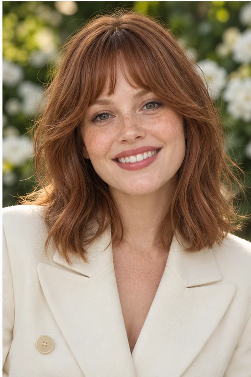 Copper shoulder-length hair with high-brow short center widening into long curved corners