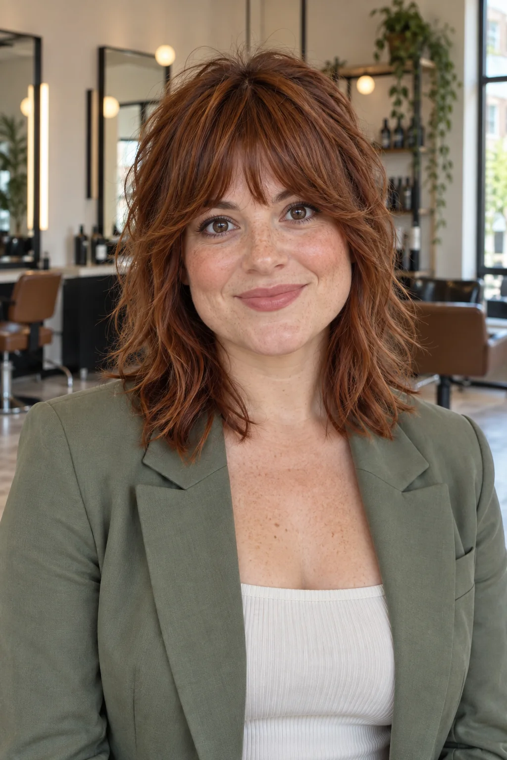 Auburn layered shag with a recognizable short center and longer curved bottleneck corners
