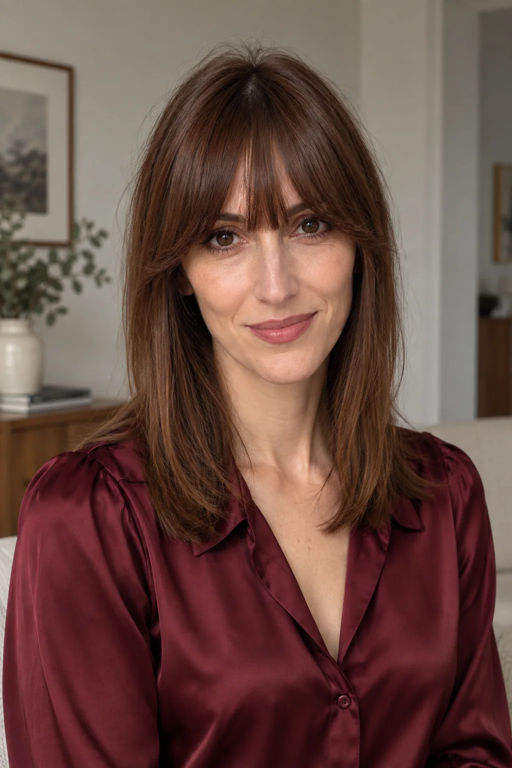 Chestnut medium hair with eye-skimming middle and long outward-curving corners