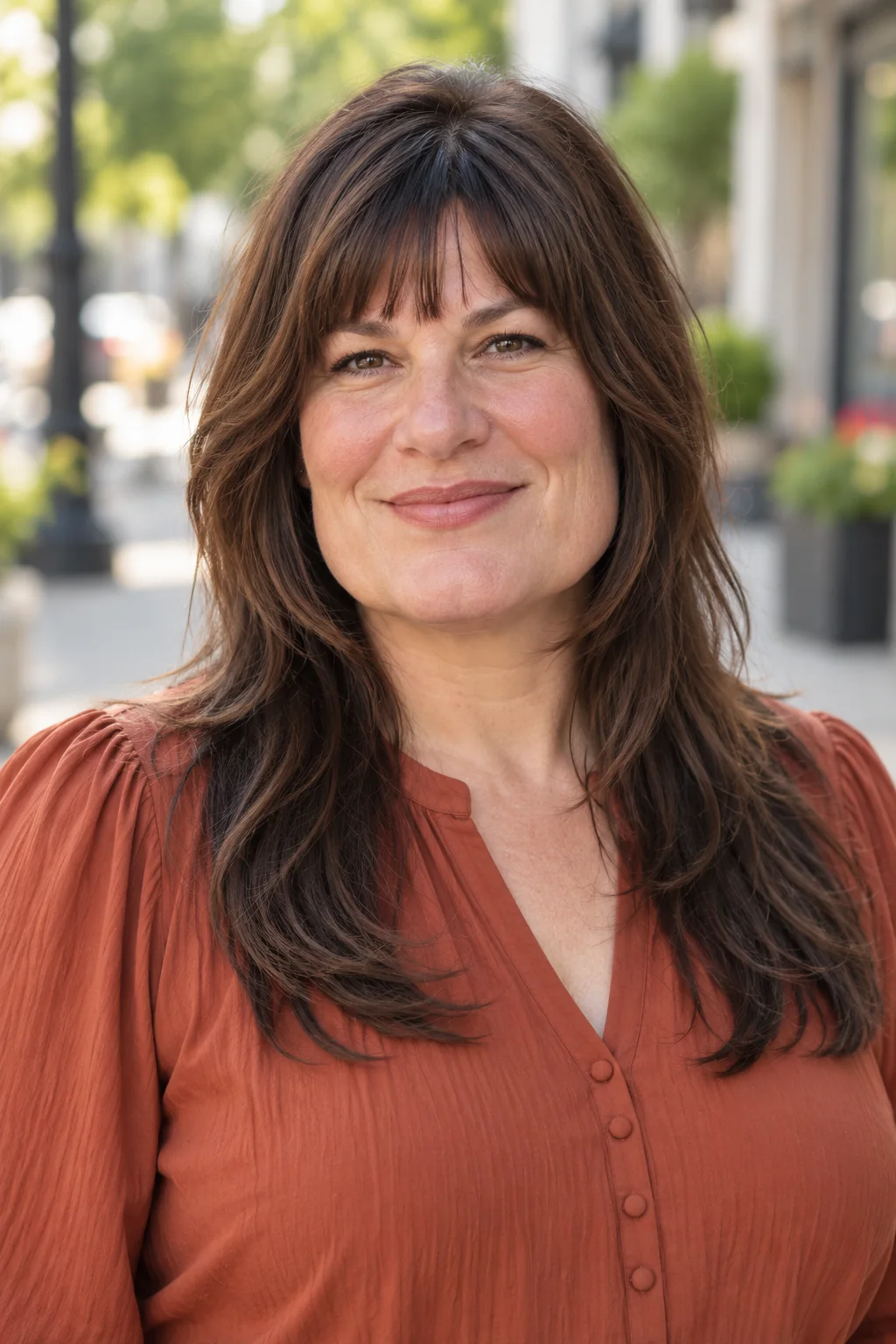 Long brunette layers with narrow brow fringe curving into cheekbone and jaw layers