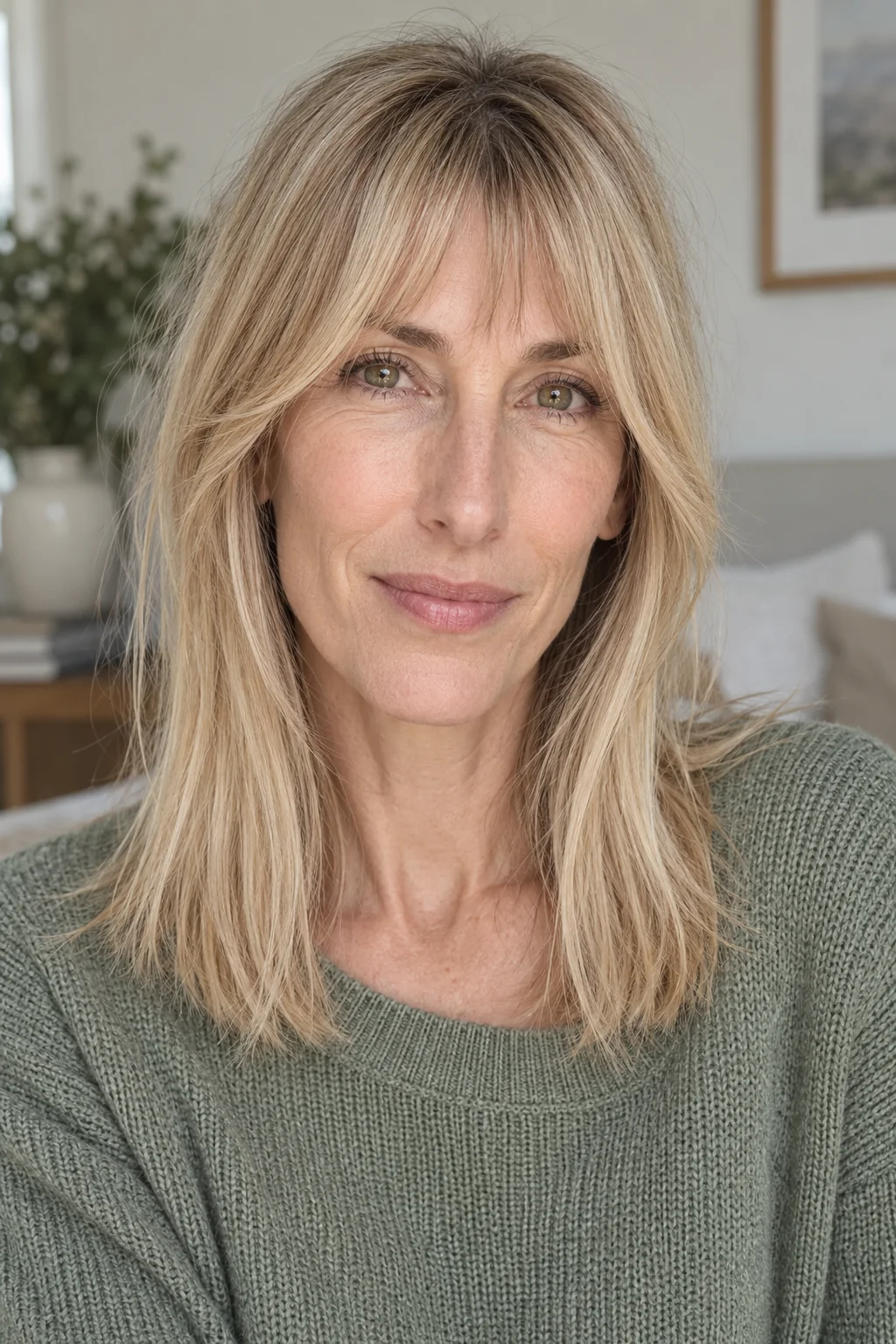 Fine blonde collarbone hair with sheer short center and slim curved corners