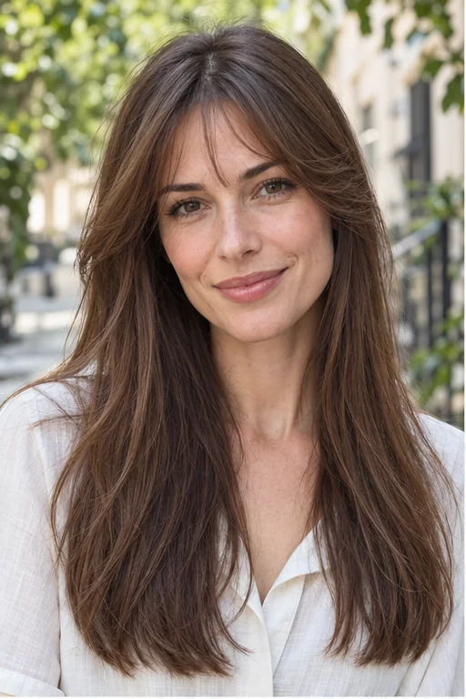 Chestnut long hair with separated brow-skimming central bangs and cheekbone-sweeping sides