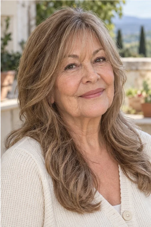 Long waved light brown hair with airy eyelash-length central bangs and jaw-length swept sides