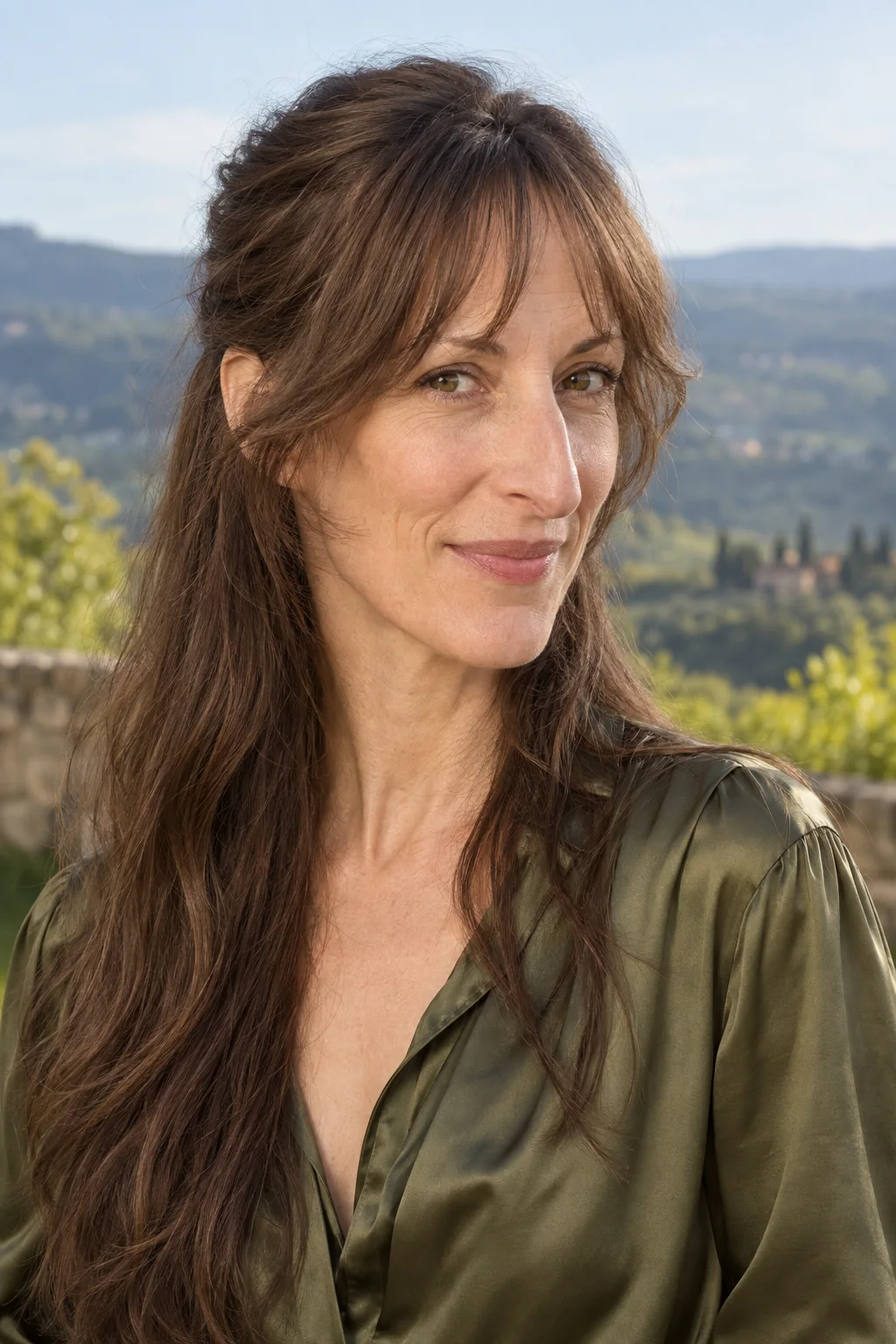 Long brown hair gathered flat at the back with airy central bangs and two loose cheekbone wings