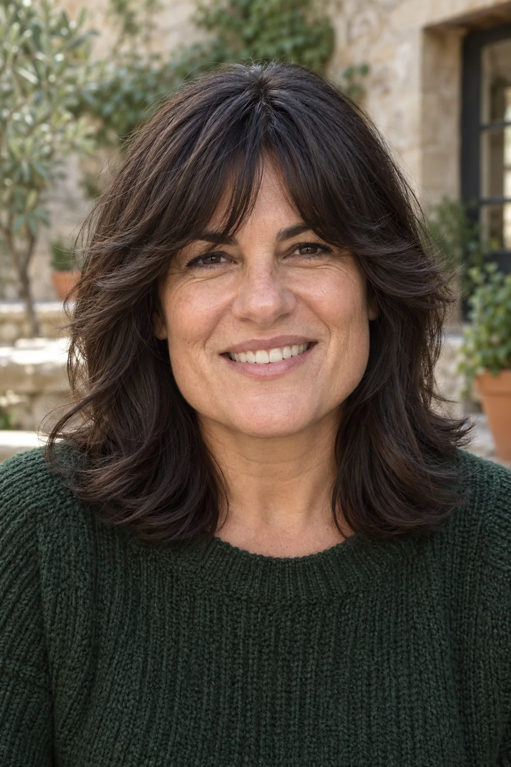 Thick dark shoulder-length hair with separated brow fringe and longer feathered cheekbone sides