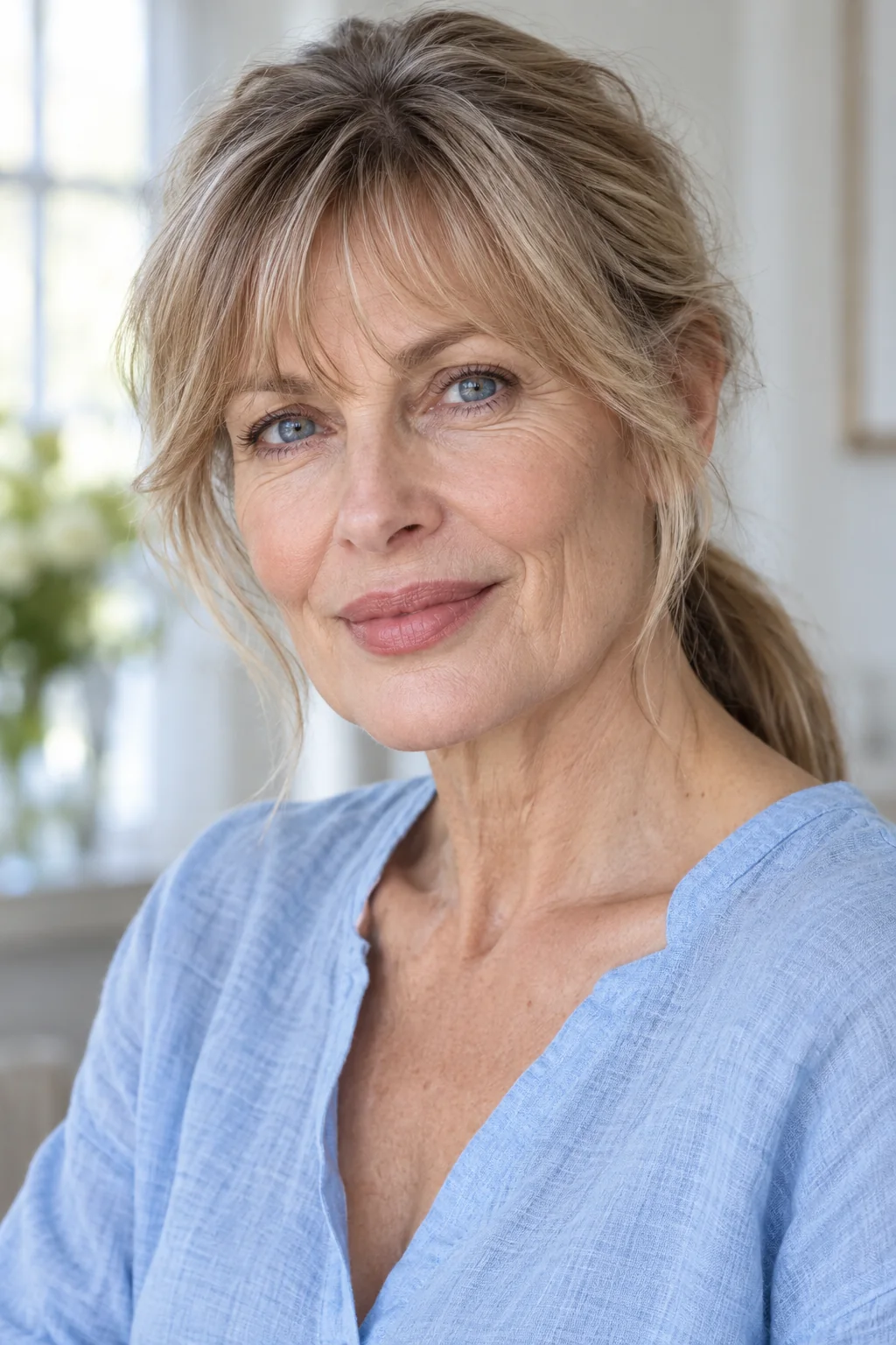 Dark blonde low ponytail with separated brow-skimming bangs and longer loose side wings