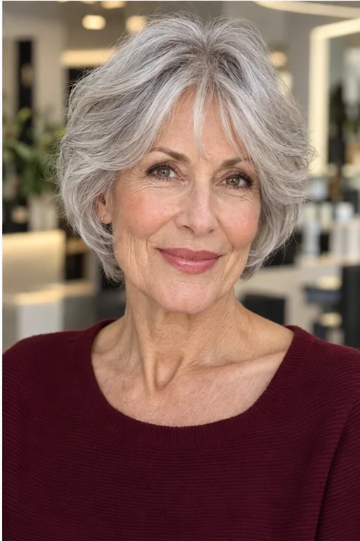 Ear-covering silver crop with separated central fringe and longer temple-to-cheekbone wings