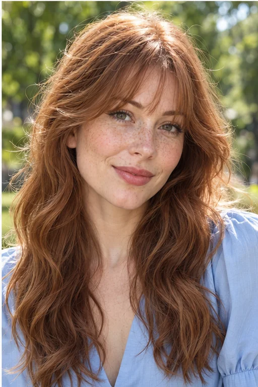 Long copper waves with a bending airy central fringe and longer wavy cheekbone sides