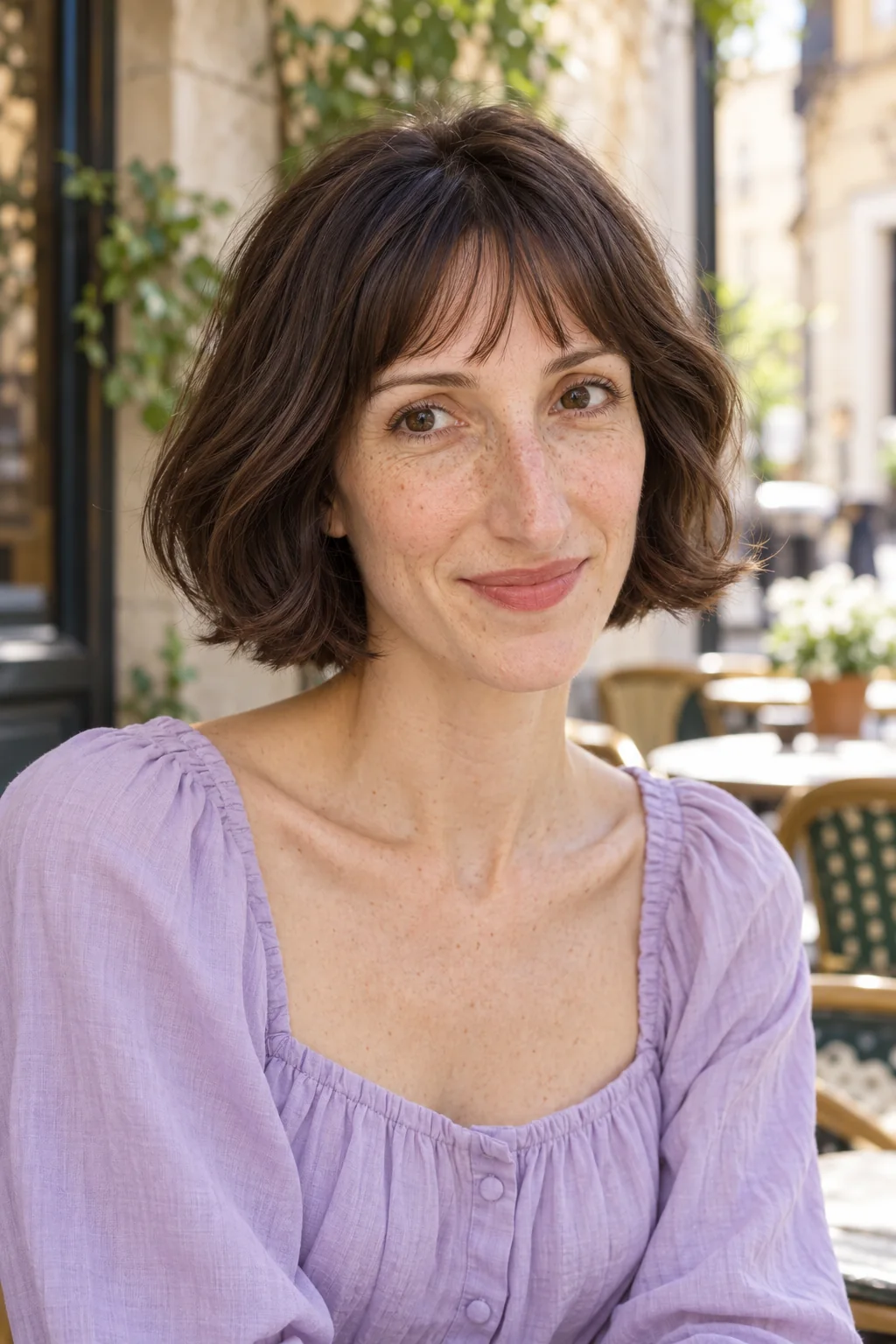 Jaw-length brunette bob with airy brow bangs and longer sides shaped into a soft S bend