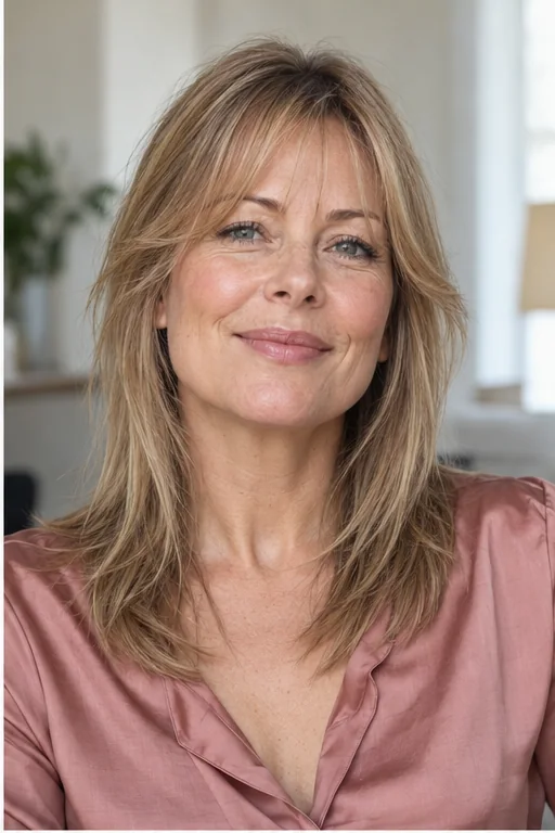 Fine dark blonde collarbone hair with a shallow see-through brow fringe and delicate longer wings