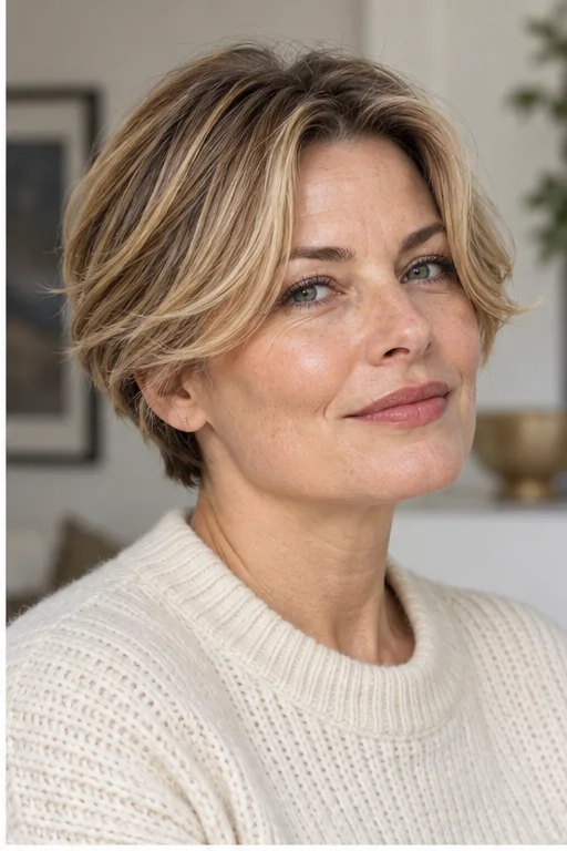 Fine dark blonde crop with weighted upper-cheek curtains and close layered back