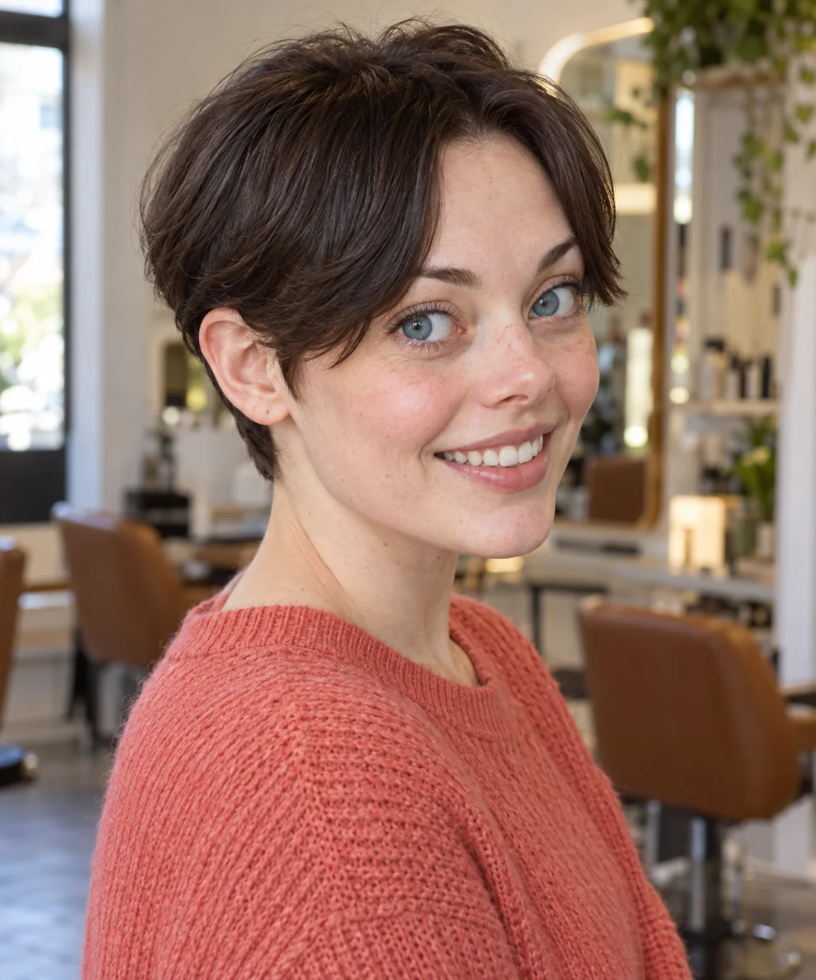 Dark brunette crop with exposed ears, long parted front and soft close nape