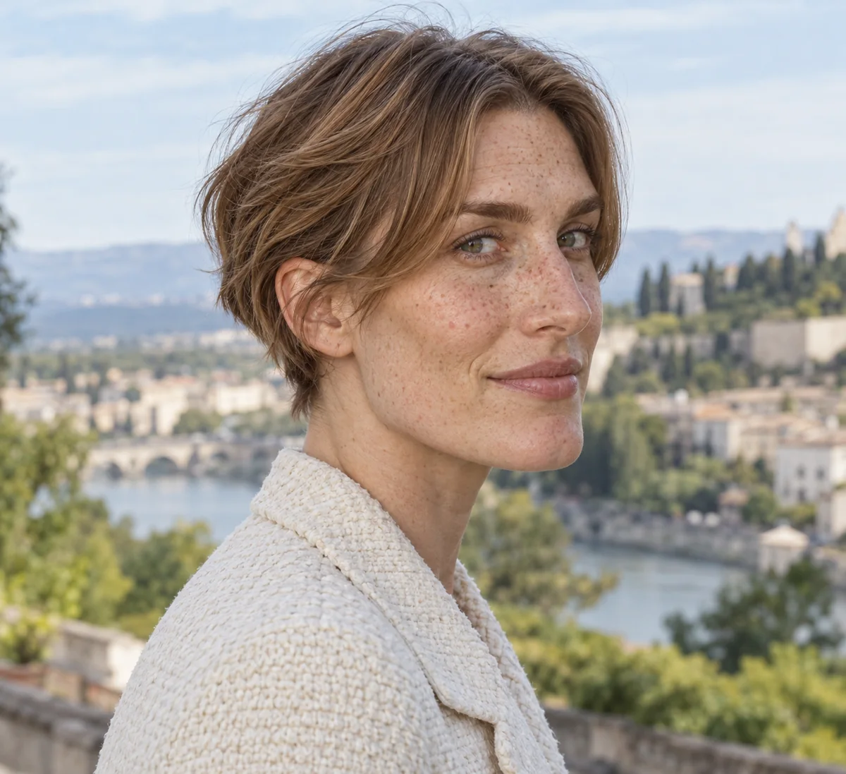 Light brown grown-out crop with upper-cheek curtains, soft sides and cropped neckline