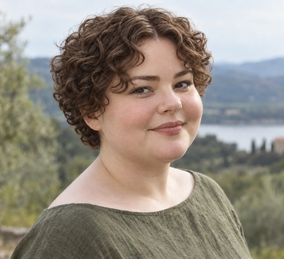 Brown curly crop with central opening, separated front curls and short rounded back