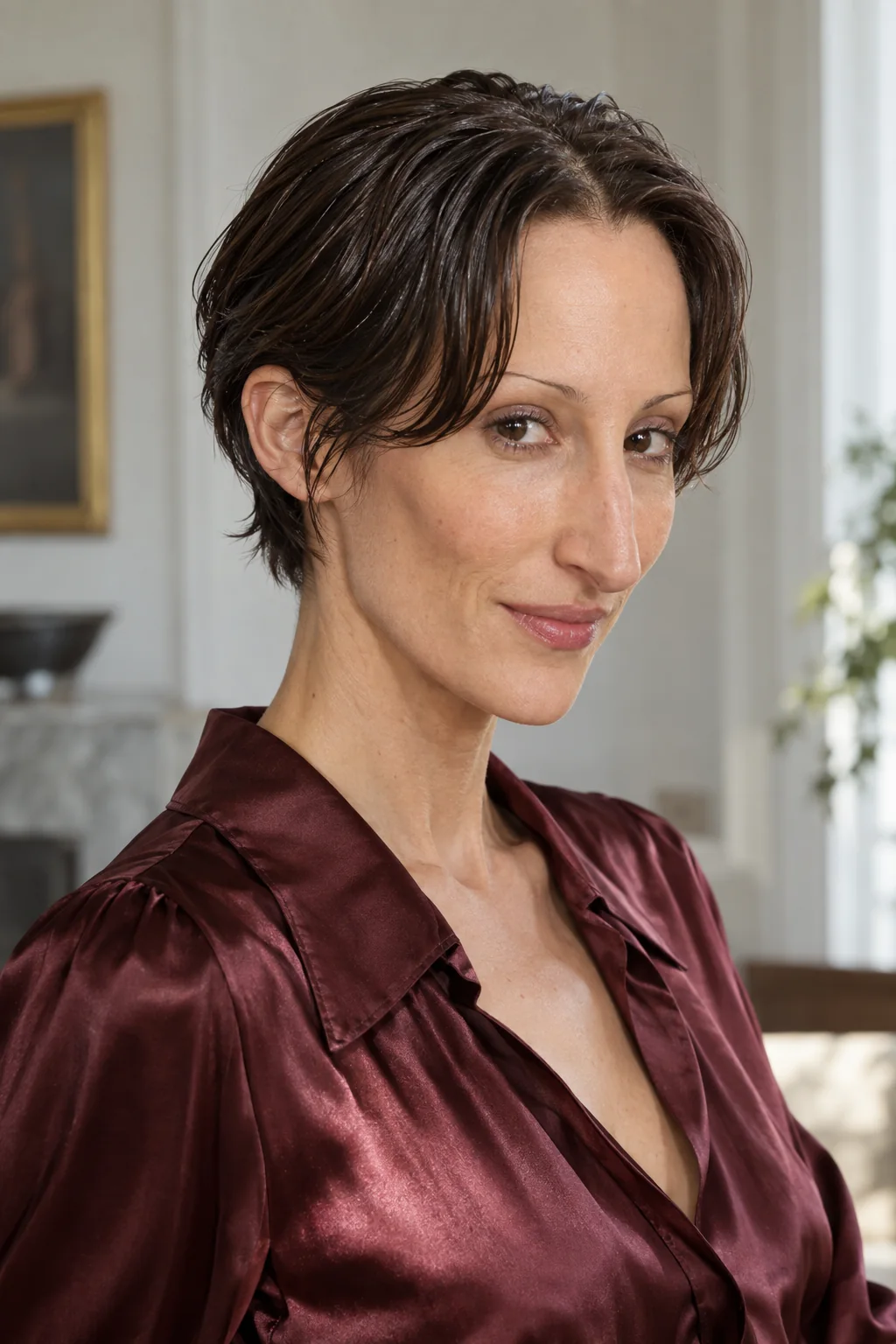 Black-brown crop with flat parted roots, glossy curtains and short neat back