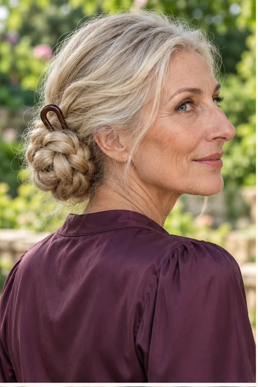 Woman with a silver-blonde three-strand braid coiled into a low bun and held with a dark U-shaped French pin