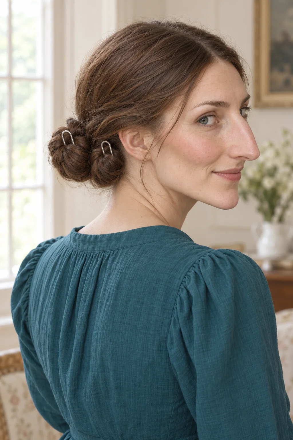 Woman with two separate low brown buns, each secured by its own small silver U-shaped French pin