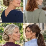 Four French pin hairstyles showing a low coil, half-up fold, braided bun and twist ponytail