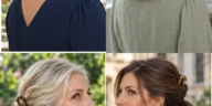 Four French pin hairstyles showing a low coil, half-up fold, braided bun and twist ponytail