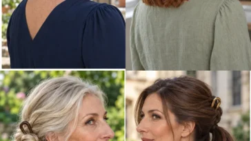 Four French pin hairstyles showing a low coil, half-up fold, braided bun and twist ponytail
