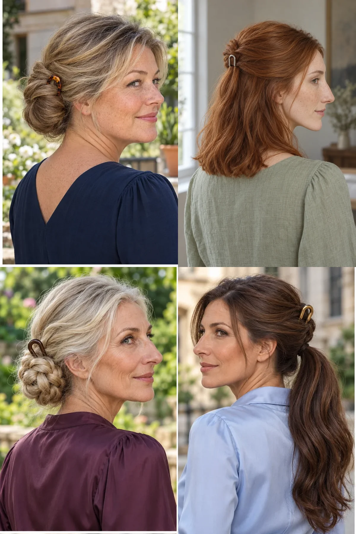 Four French pin hairstyles showing a low coil, half-up fold, braided bun and twist ponytail