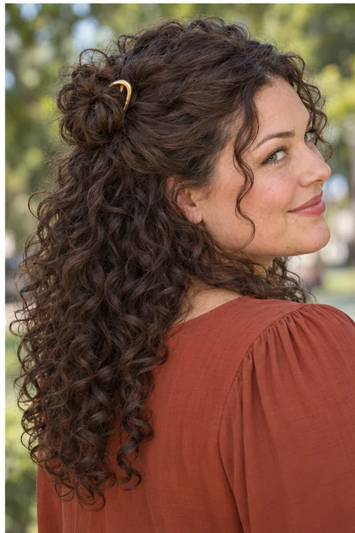 Woman with a small half-up dark brown curly knot secured by a gold French pin and loose curls below