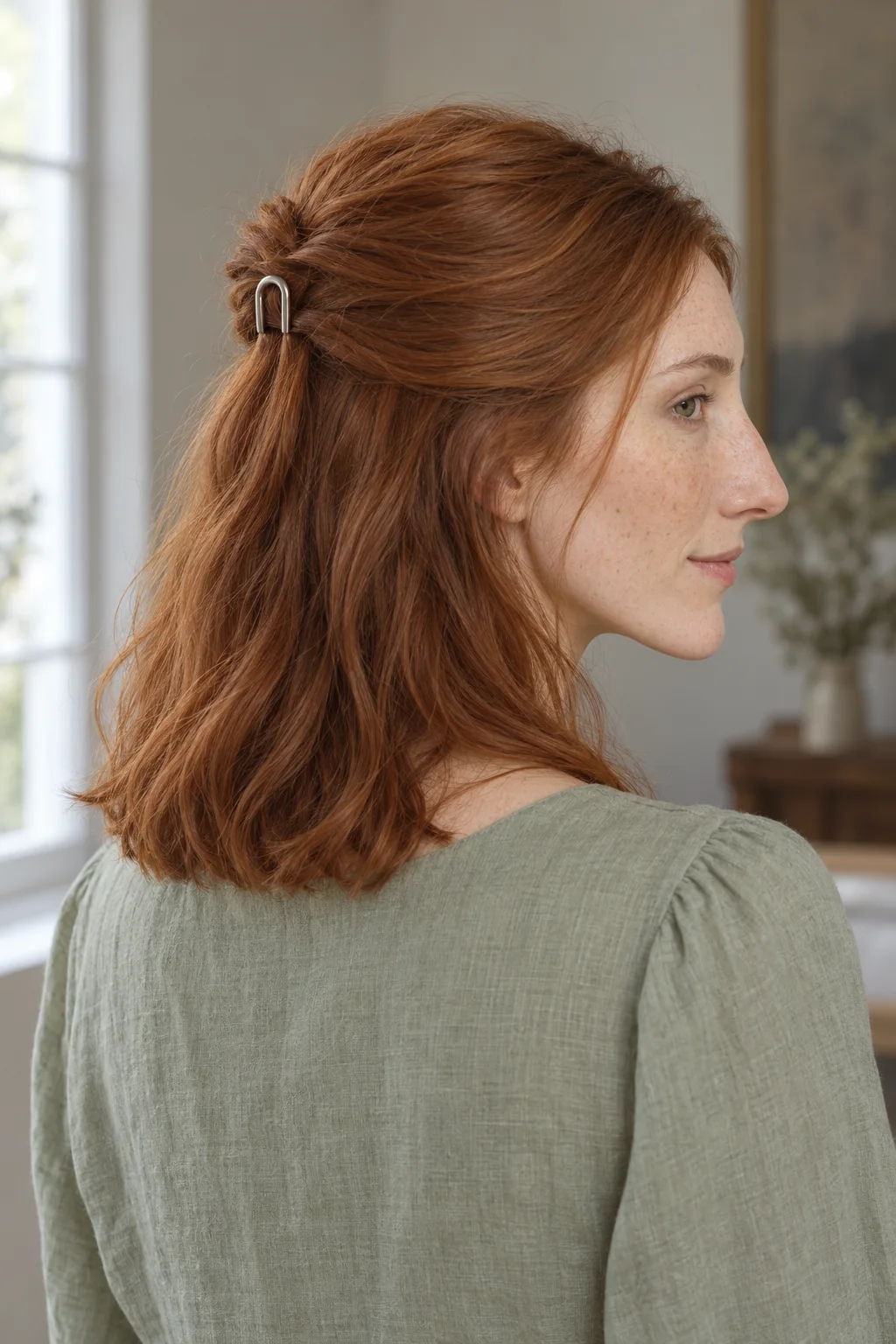 Woman with a small half-up auburn folded twist held by a silver U-shaped pin above loose shoulder-length hair