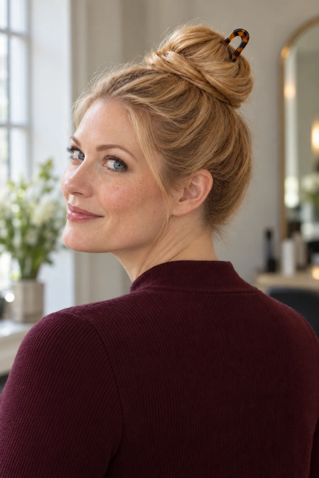 Woman with a warm blonde high coiled topknot secured by a tortoiseshell U-shaped French pin