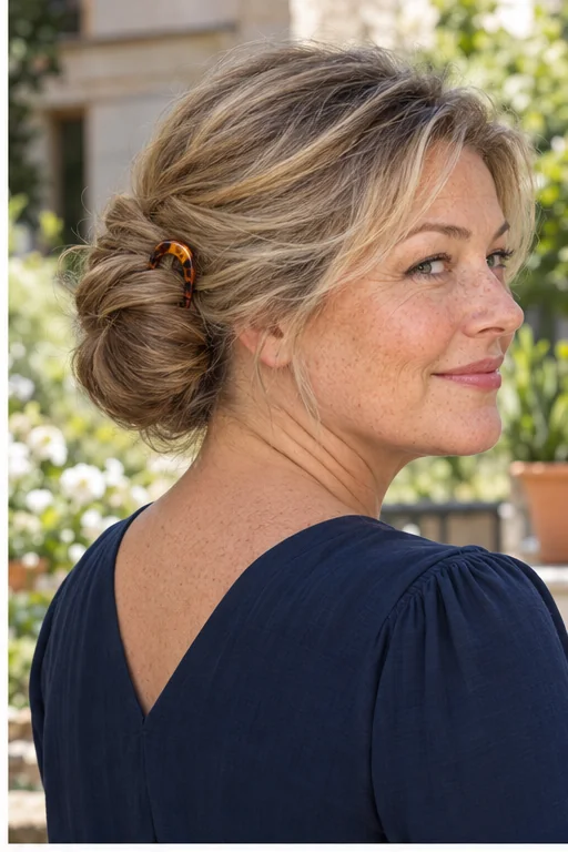 Woman with a dark blonde low coiled bun secured by a tortoiseshell U-shaped French pin