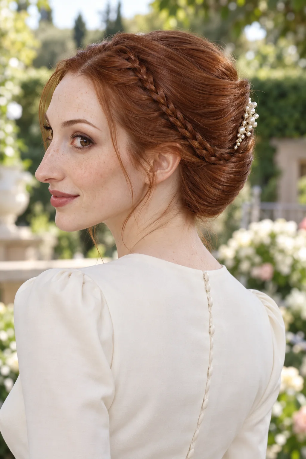 Auburn hair with a narrow braided side panel feeding into a smooth French roll and a small pearl comb beside the seam
