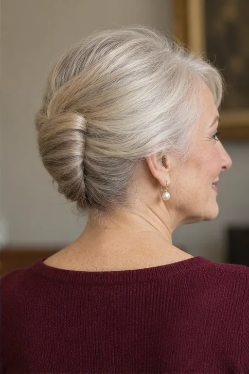 Silver blonde hair in a compact low French twist with a short upright seam above the nape