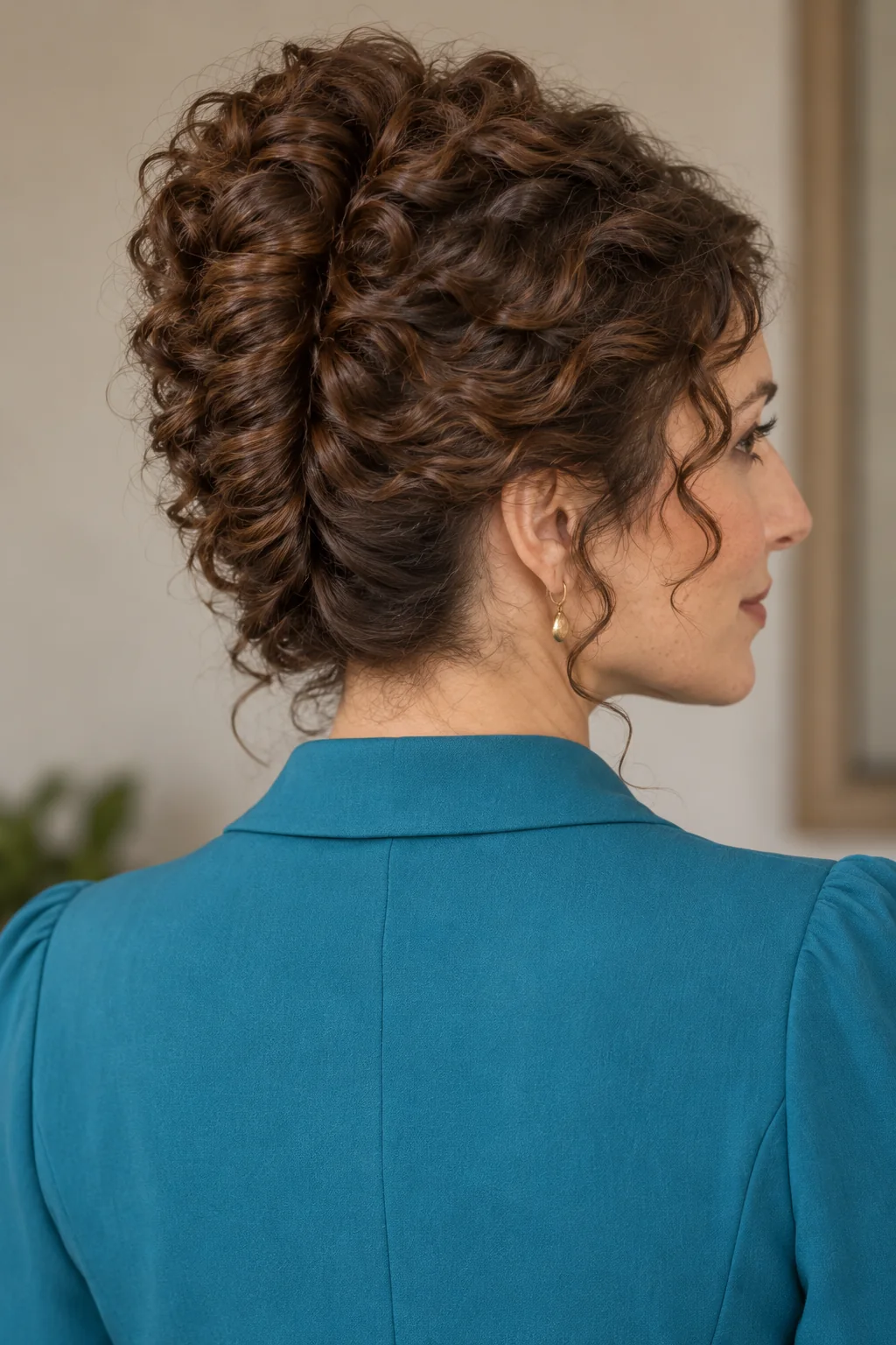 Dark brown defined curls swept into an upright French twist with the folded seam visible among intact curl groups