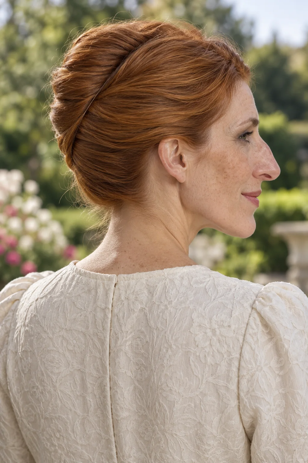 Copper hair folded into a French twist with a gently diagonal seam rising across the back of the head