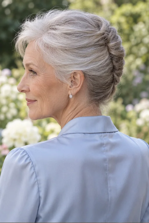 Fine silver hair in a narrow close French pleat with softly brushed-back roots and a small tucked top