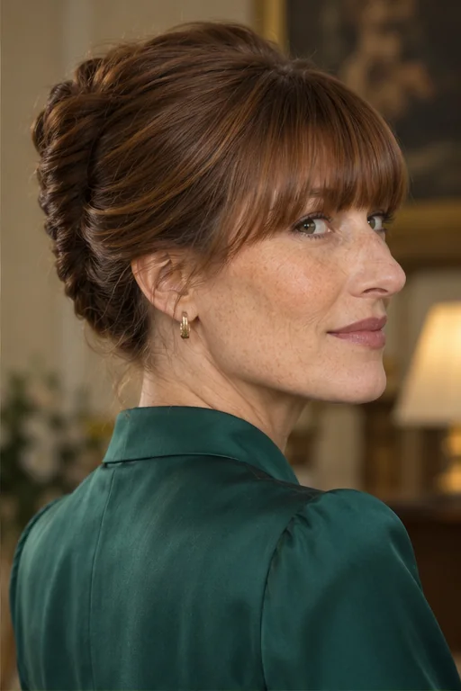 Chestnut hair with a full brow-level fringe and a neat upright French roll, shown in three-quarter profile