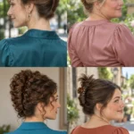 Four French twists showing a smooth classic roll, loose texture, defined curls and a claw clip holding a vertical fold