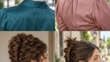 Four French twists showing a smooth classic roll, loose texture, defined curls and a claw clip holding a vertical fold