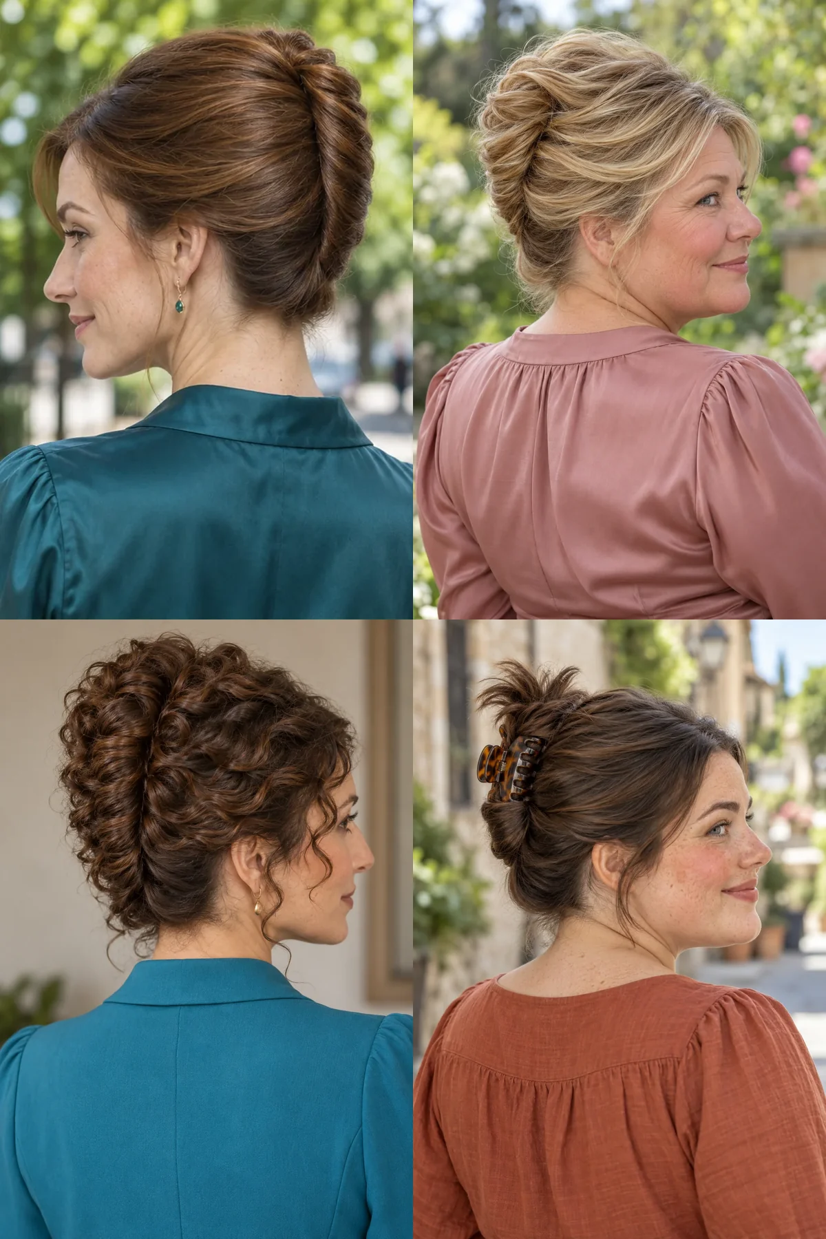 Four French twists showing a smooth classic roll, loose texture, defined curls and a claw clip holding a vertical fold