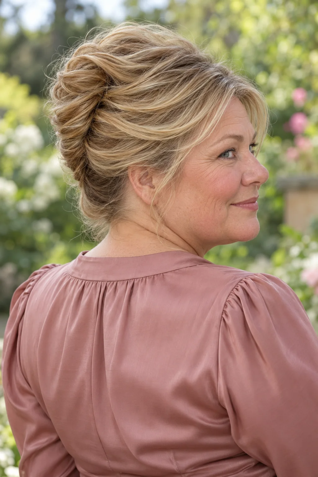 Honey blonde hair in an airy loose French roll with gently separated surface sections and soft temple pieces